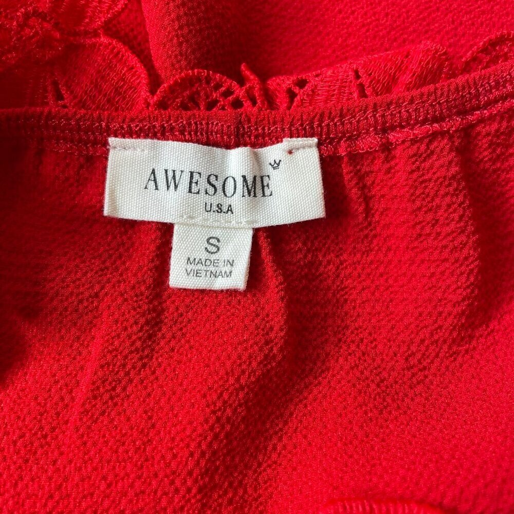 AWESOME USA Red Coquette Floral Lace Cold Shoulder Flutter Sleeve Top S - Picture 6 of 8